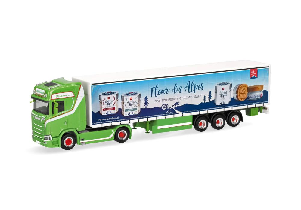Scania CS 20 Hochdach Gardinenplanen-Sattelzug Urs Bühler Fleur des Alpes Schweiz 1:87 Herpa