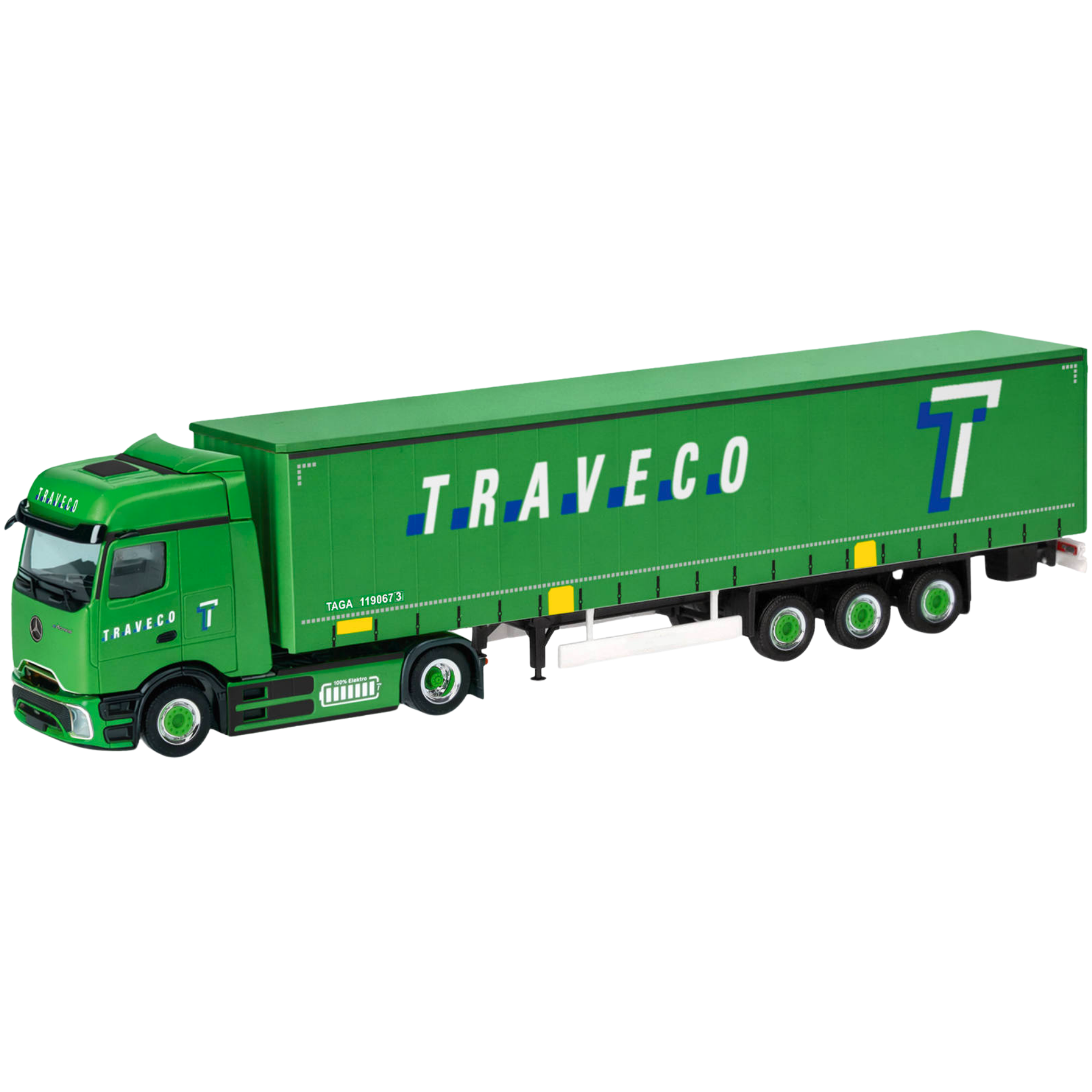Mercedes-Benz eActros Bigspace ProCabin Gardinenplanen-Sattelzug Traveco Schweiz 1:87 Herpa