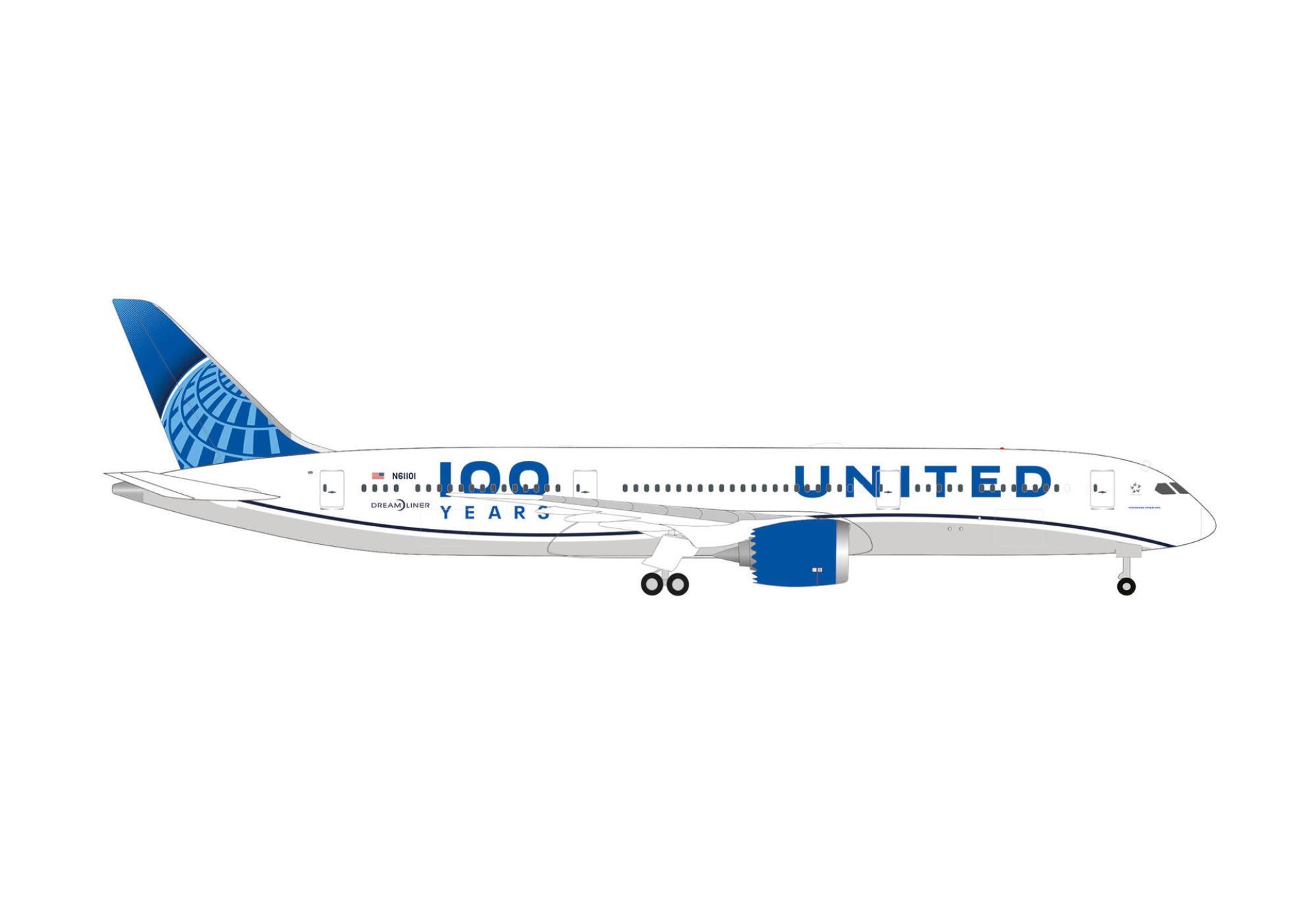 United Airlines Boeing 787-9 100 Years 1:500 Herpa Wings Flugzeugmodell